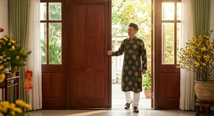 Gia chủ tuổi Đinh Mão bước chân rạng rỡ qua cửa chính đón nắng xuân hướng Đông vào sáng mùng 1 Tết