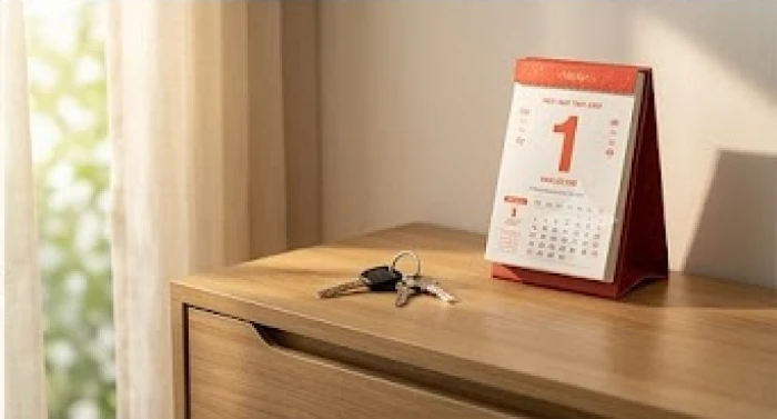 Cuốn lịch vạn niên mở ra trang mùng 1 Tết đặt ngay ngắn cạnh chùm chìa khóa ô tô trên tủ gỗ