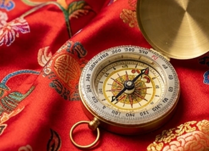 Chiếc la bàn đồng cổ điển chỉ về hướng Đông Nam nằm trên nền lụa đỏ truyền thống rực rỡ