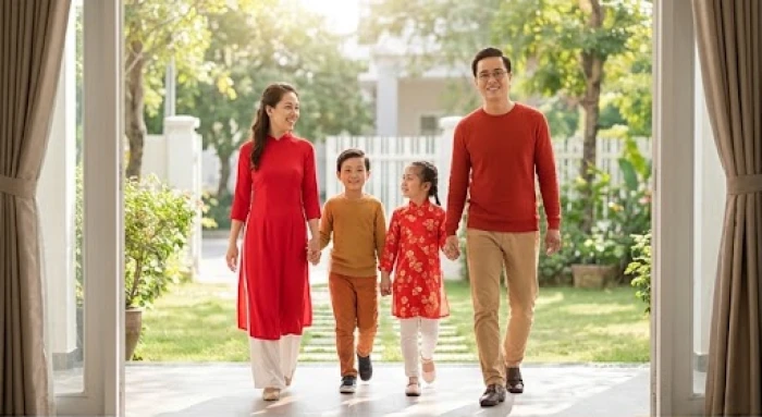 Gia đình cùng nhau diện trang phục tươi tắn bước ra khỏi nhà vào buổi sáng mùng một Tết để đón cát khí