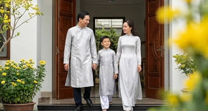 Gia đình mặc trang phục màu xám bạc hợp mệnh rạng rỡ xuất hành đón Hỷ Thần trong sáng mùng 1 Tết