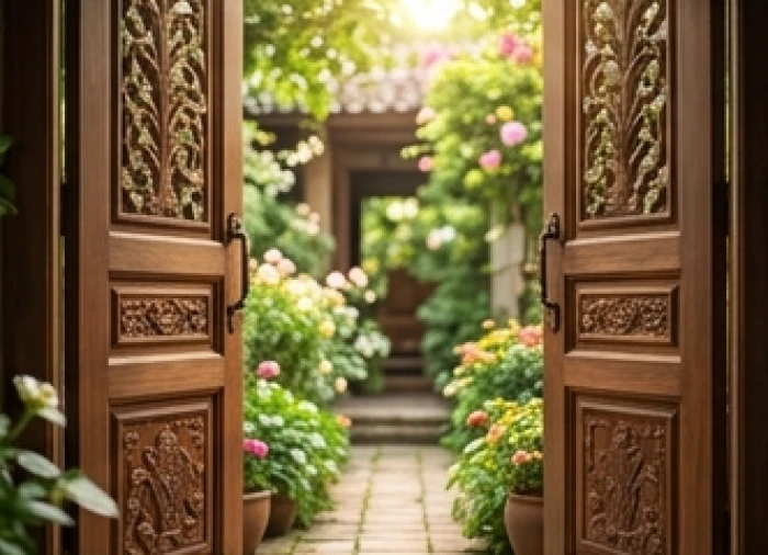 Cánh cửa gỗ mở ra một khu vườn rực rỡ ánh nắng ban mai tượng trưng cho hướng xuất hành đại cát