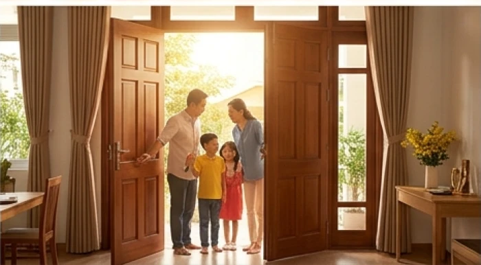 Gia chủ hân hoan mở cửa chính bước những bước đi đầu tiên về hướng Đông đón ánh nắng ấm áp ngày đầu năm