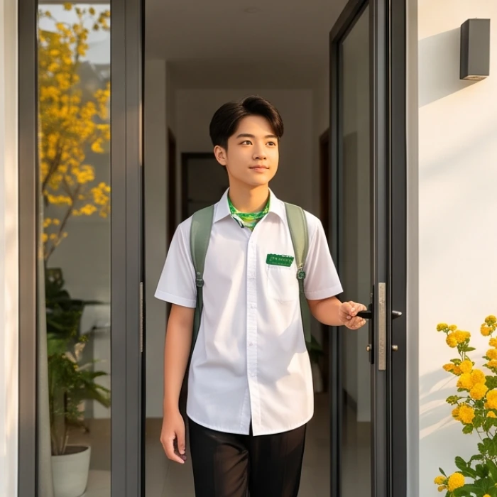 Học sinh Kỷ Sửu mặc trang phục tươi sáng bước ra khỏi nhà vào buổi sáng đầu năm mới để nghênh đón may mắn