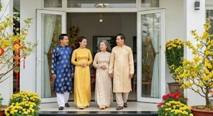 Gia đình chuẩn bị xuất hành đầu xuân đón hỷ thần hướng Tây Bắc trong buổi sáng mùng một Tết tiết trời ấm áp