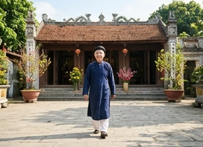 Gia chủ tuổi mậu tuất trang phục chỉnh tề du xuân xuất hành đầu năm đi lễ chùa đón cát khí mùng 1 tết