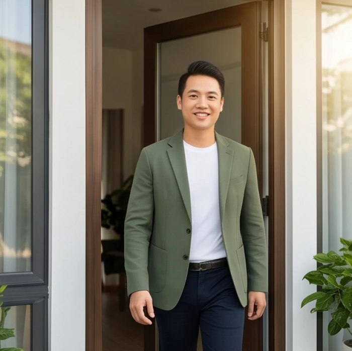 Nam giới trang phục tươi sáng bước ra khỏi cửa chính đón nắng sớm đầu năm theo hướng cát lợi