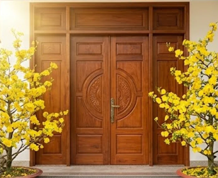 Gia chủ chuẩn bị bước ra cửa sân xuất hành mùng một Tết theo hướng chính Nam cầu tài lộc