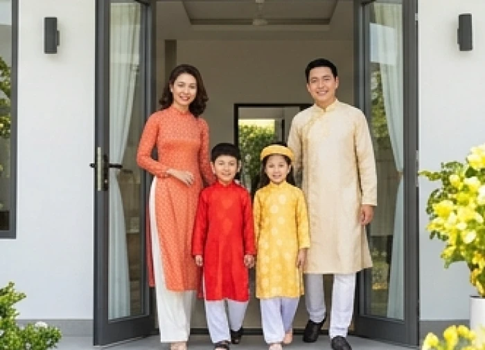 Gia đình trang phục tươm tất hân hoan xuất hành mùng một Tết nghênh đón Hỷ Thần và Tài Thần