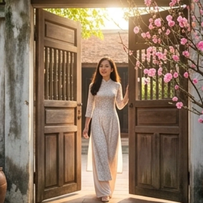 Một người mặc áo dài truyền thống đang bước ra khỏi cổng nhà trong ánh nắng sớm