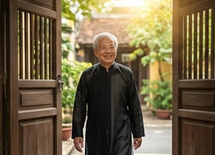 Cụ ông lớn tuổi mặc áo dài truyền thống bước ra khỏi cổng gỗ cổ kính đón ánh nắng rực rỡ buổi sáng mùng một