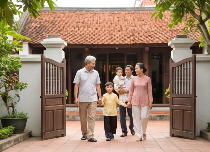Gia đình cùng nhau bước ra khỏi cổng chính trong buổi sáng mùa xuân để đón năng lượng Tài Thần