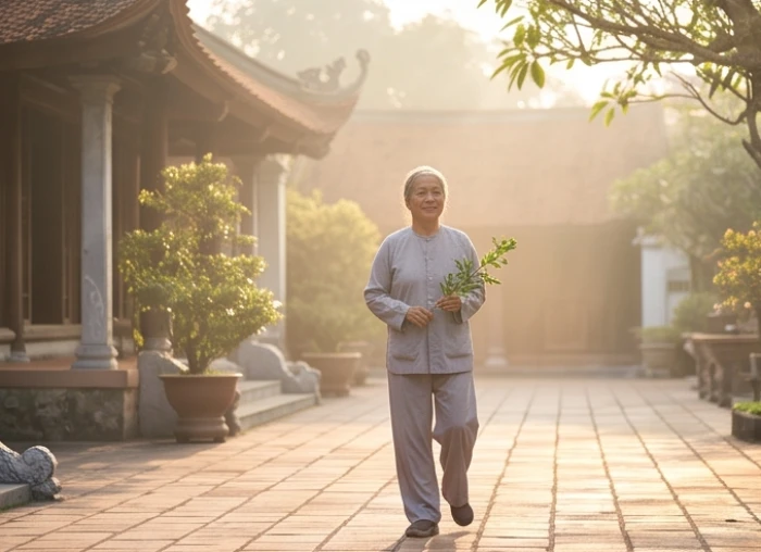 Người cao tuổi thong thả dạo bước đi chùa hái lộc trong buổi sáng sớm mùa xuân