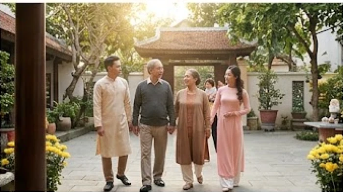 Người cao tuổi cùng con cháu chuẩn bị xuất hành lễ chùa buổi sáng đầu năm mới theo hướng cát lợi
