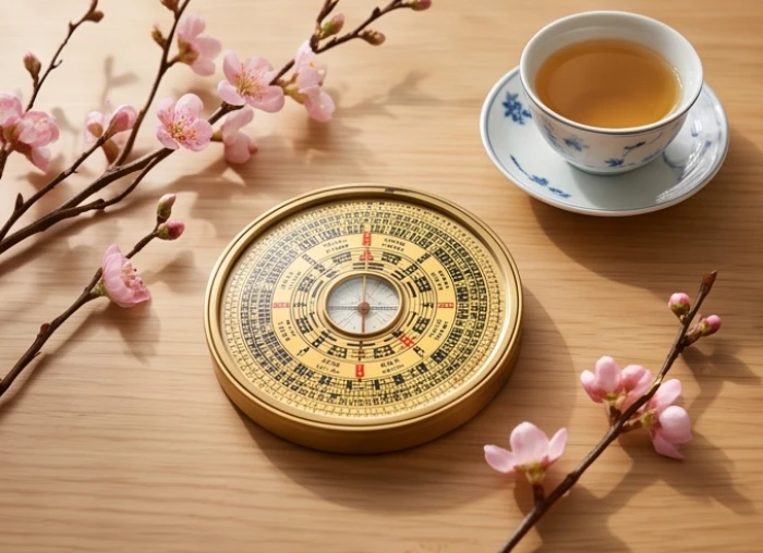 La bàn phong thủy chi tiết đặt trên bàn trà đón ánh nắng đầu xuân xác định hướng xuất hành