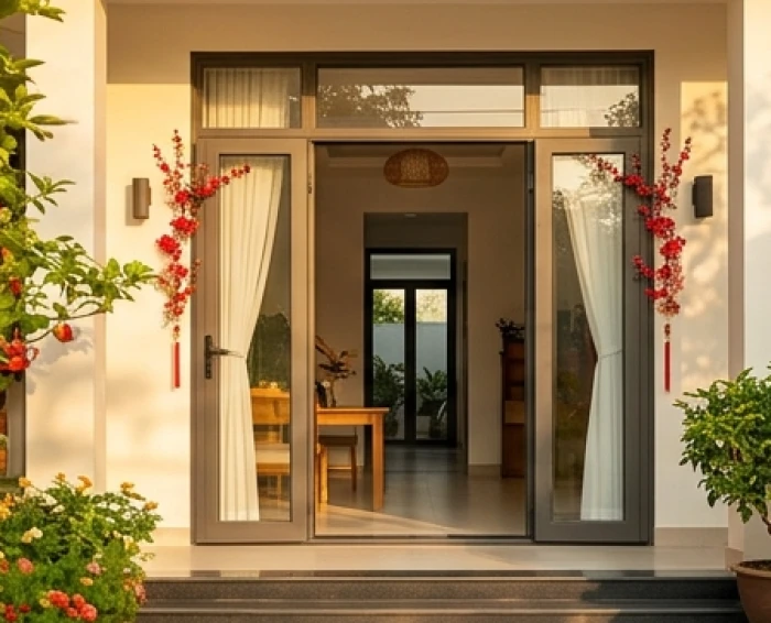 Khoảnh khắc bước ra cửa chính xuất hành vào sáng sớm đầu năm mới đón năng lượng cát lành