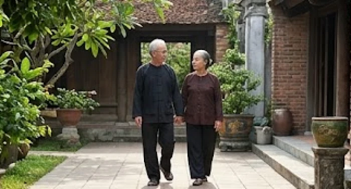 Cụ ông và cụ bà tản bộ chậm rãi trên lối đi sạch sẽ ngập tràn ánh sáng lúc sớm mai đầu năm mới
