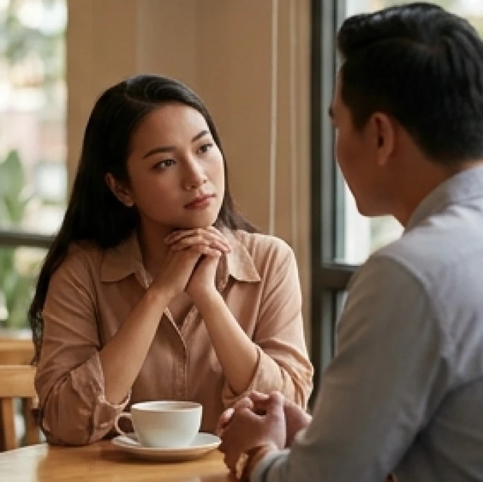 Hai người đang trò chuyện bên tách trà thể hiện sự lắng nghe và chia sẻ