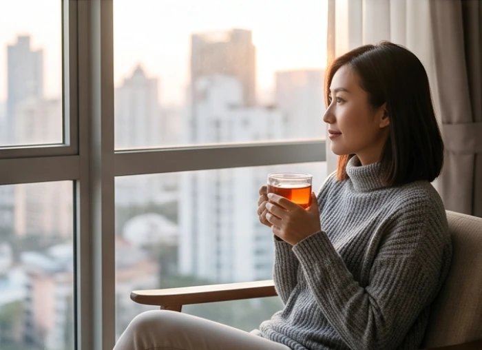 Người phụ nữ ngồi thư giãn bên cửa sổ và tĩnh tâm uống trà để cân bằng lại cảm xúc cá nhân
