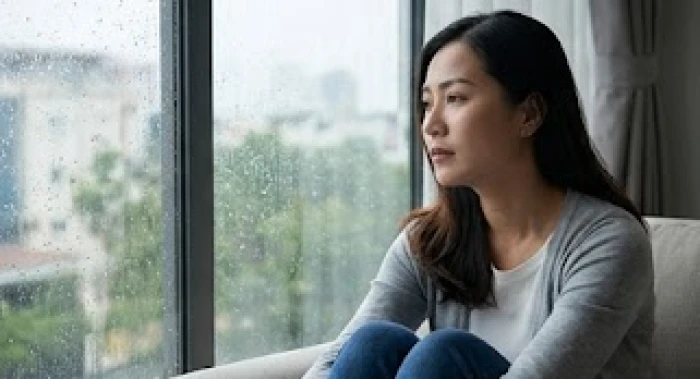 Phụ nữ tuổi Tuất trầm ngâm nhìn ra cửa sổ trong sự im lặng thể hiện phản ứng phòng vệ trong tính cách nữ tuổi tuất