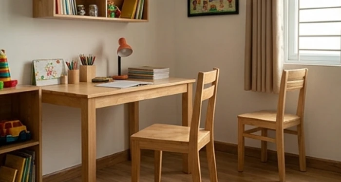 Góc học tập gọn gàng có ghế tựa lưng sát vào bức tường phẳng vững chắc giúp bé cảm thấy an tâm và tập trung