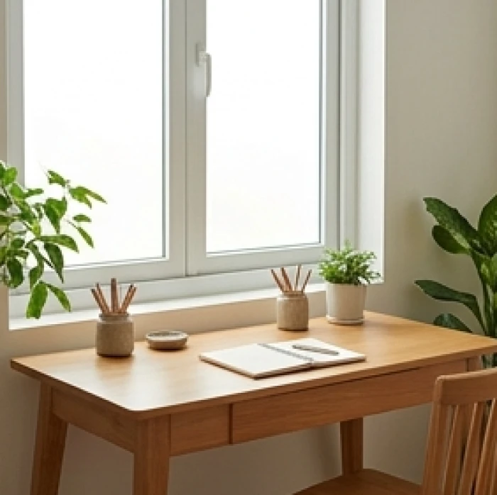 Bàn làm việc gỗ quay về hướng Nam với không gian thông thoáng hỗ trợ sự tập trung và minh mẫn