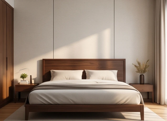Phòng ngủ thanh lịch có đầu giường kê sát bức tường kiên cố cách xa khu vực vệ sinh