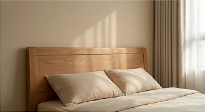 Đầu giường ngủ bằng gỗ tựa sát vào mảng tường bê tông chắc chắn trong phòng bé