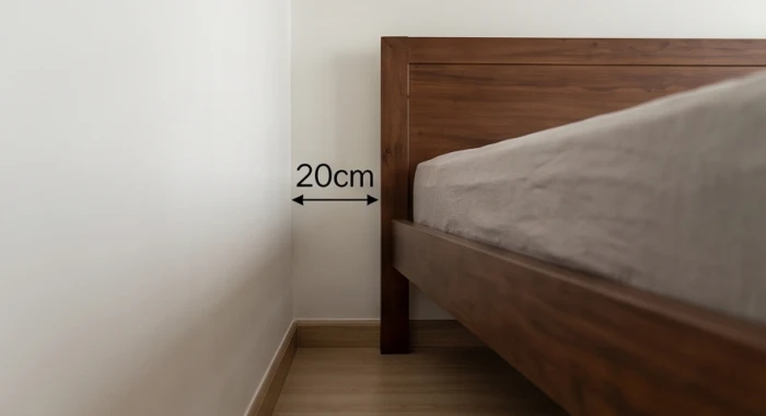 Khoảng hở thông thoáng giữa cạnh giường ngủ và bức tường hông trong phòng ngủ chung cư gọn gàng