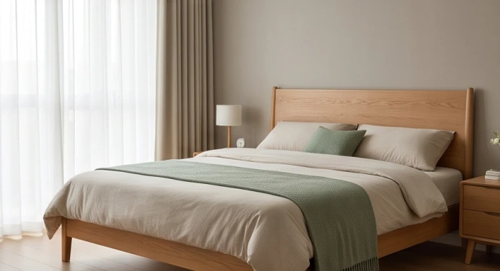 Giường ngủ có đầu tựa sát vách tường kiên cố và phần chân giường quay về hướng Thiên Y cát lành