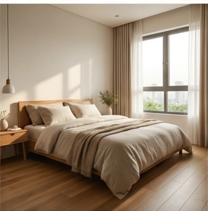 Phòng ngủ ấm cúng được kê giường gọn gàng xoay đầu về hướng Thiên Y đón ánh sáng ban mai dịu nhẹ