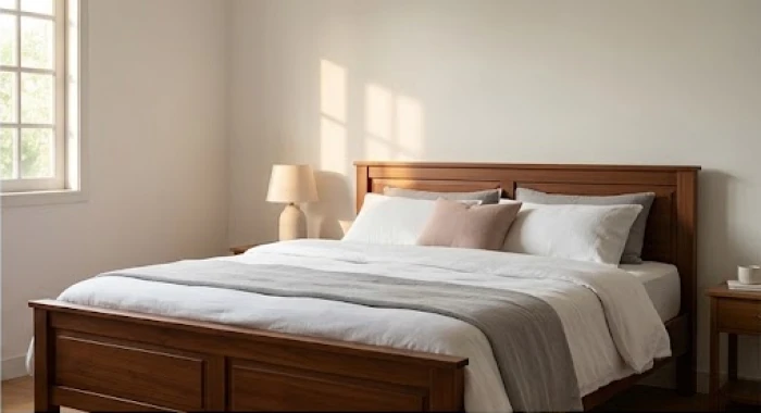 Căn phòng ngủ thoáng đãng được bố trí chiếc giường gỗ với phần đầu hướng về phương vị Sinh Khí đón nắng sớm