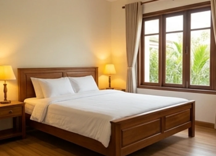 Phòng ngủ ấm cúng với chiếc giường gỗ được kê vuông vắn hướng về phía Bắc đón vượng khí tốt lành