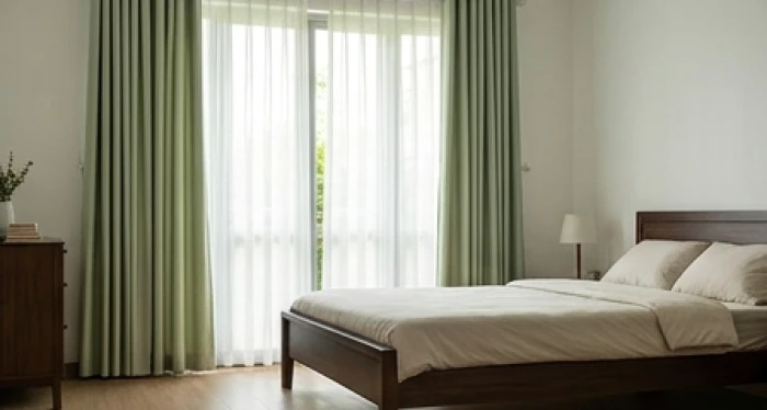 Căn phòng ngủ yên tĩnh với chiếc giường kê cách xa rèm cửa màu xanh lá nhạt đảm bảo sự kín gió vào ban đêm