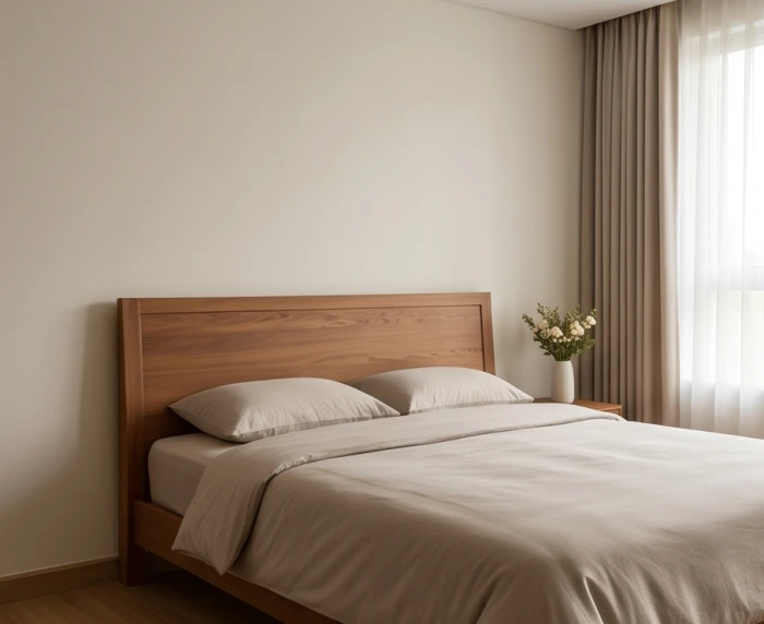Đầu giường ngủ đặt sát bức tường phẳng thông thoáng tránh các lỗi xà ngang và góc nhọn