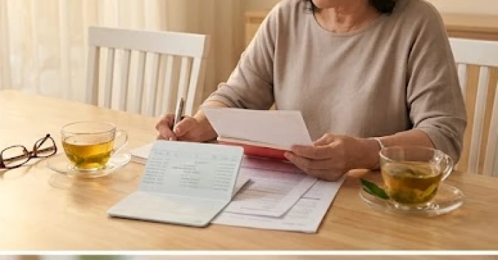 Người phụ nữ trung niên xem xét cẩn thận các tài liệu hợp đồng và sổ tiết kiệm trong không gian yên tĩnh