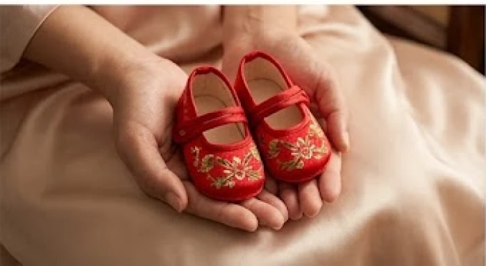 Đôi bàn tay nâng niu chiếc hài trẻ em màu đỏ thêu hoa văn truyền thống đặt trên tấm vải lụa mềm mại