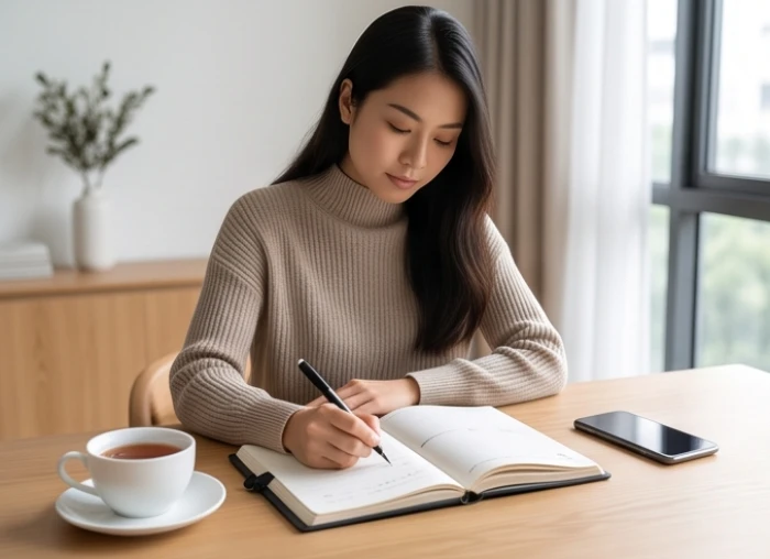 Cô gái trẻ tập trung ghi chép mục tiêu cá nhân và lộ trình phát triển bản thân trên bàn làm việc hiện đại