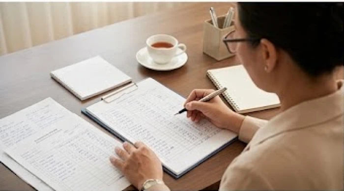 Gia chủ kiểm tra sổ sách tài chính và kế hoạch kinh doanh để phòng ngừa rủi ro hao tài giai đoạn trung vận
