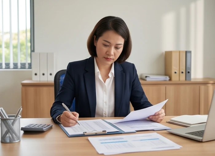 Nữ doanh nhân Nhâm Tuất cẩn trọng lập sổ sách quản lý tài chính kinh doanh tại văn phòng