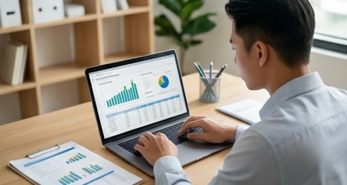 Chàng trai trẻ lập biểu đồ quản lý thu nhập trên máy tính xách tay nhằm xây dựng quỹ dự phòng 6 tháng