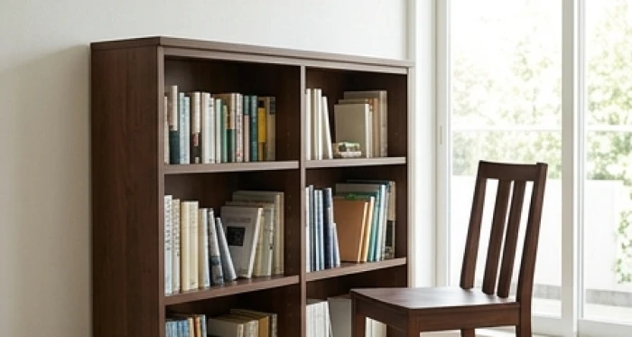 Kệ sách bằng gỗ màu nâu sẫm kết hợp ghế tựa vững chãi mang lại cảm giác vô cùng chắc chắn và ấm cúng
