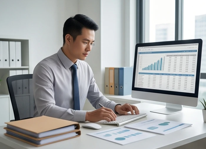 Chuyên viên kế toán tài chính đang cẩn trọng kiểm tra chi tiết bảng báo cáo tài chính trên màn hình máy tính