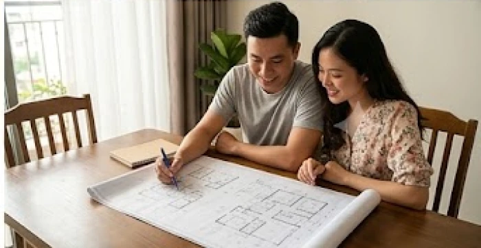 Đôi vợ chồng trẻ đang mỉm cười cùng nhau xem bản vẽ thiết kế cho ngôi nhà mới trên chiếc bàn ăn gỗ