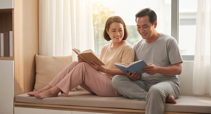 Cặp vợ chồng ngoài ba mươi tuổi mỉm cười hạnh phúc cùng đọc sách trong không gian phòng ngủ thanh bình