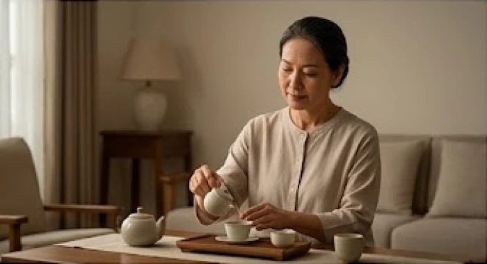 Người phụ nữ trưởng thành pha trà thư giãn trong không gian phòng khách tĩnh lặng và yên bình