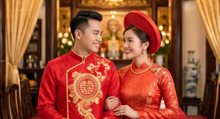 Cặp đôi cô dâu chú rể hạnh phúc trong trang phục áo dài truyền thống Việt Nam ngày cưới