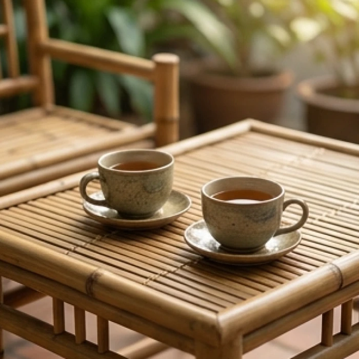 Không gian hiên nhà yên tĩnh với hai tách trà nóng gợi sự thư giãn và kết nối trong gia đình