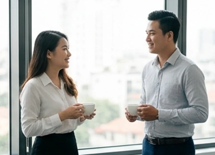 Hai người đang trò chuyện vui vẻ tại không gian nghỉ ngơi của văn phòng