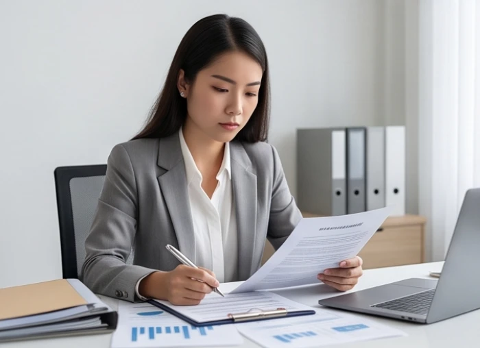 Nữ doanh nhân cẩn trọng xem xét lại toàn bộ các điều khoản hợp đồng và sổ sách tài chính trước khi ký kết